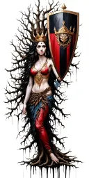 A tree goddess protecting her daughters with a shield made of branches with a crown  tattoo design idea