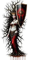 A tree goddess protecting her daughters with a shield made of branches with a crown  tattoo design idea