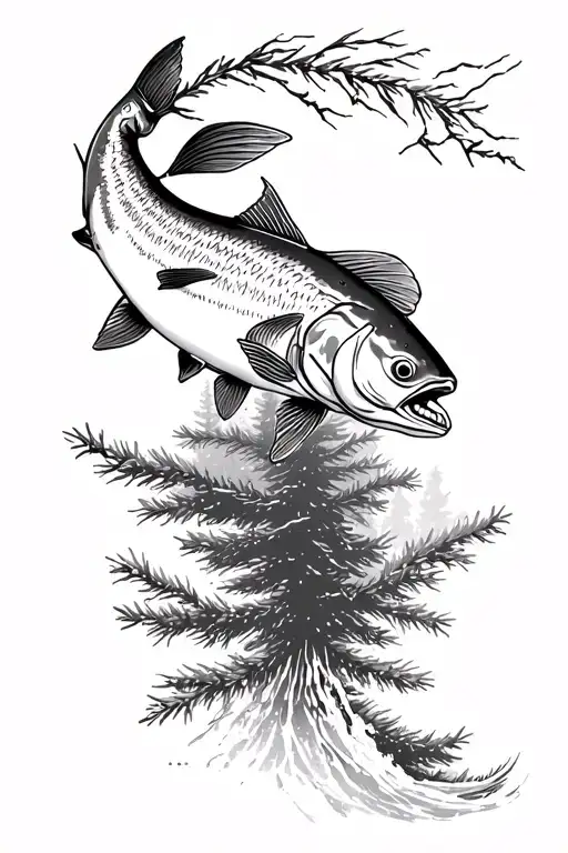 chinook salmon leaping with fir tree backdrop  tattoo design idea