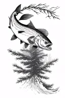 chinook salmon leaping with fir tree backdrop  tattoo design idea