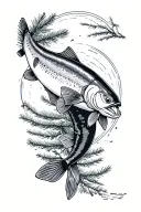 chinook salmon leaping with fir tree backdrop  tattoo design idea