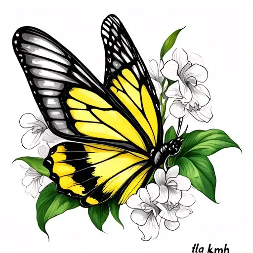 butterfly with one yellow wing and one green wing with orchids growning out of it with tla and kmh signed below it tattoo design idea