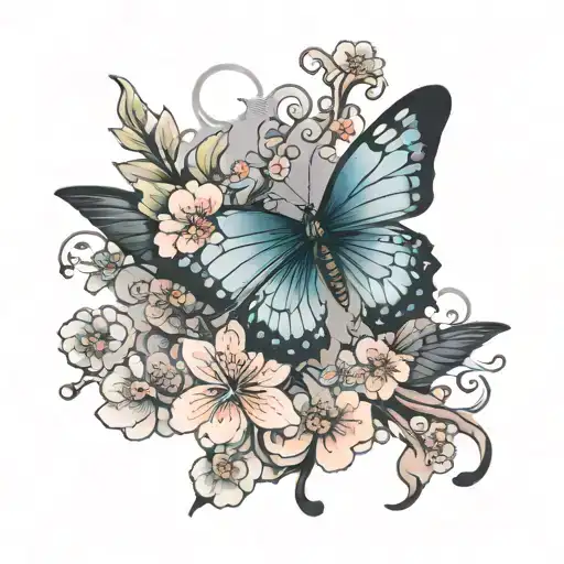 butterfly, smoke and sakura tattoo design idea