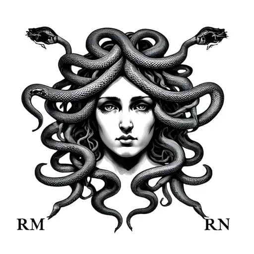 medusa from sicilian flag with snakes making initials RM tattoo design idea