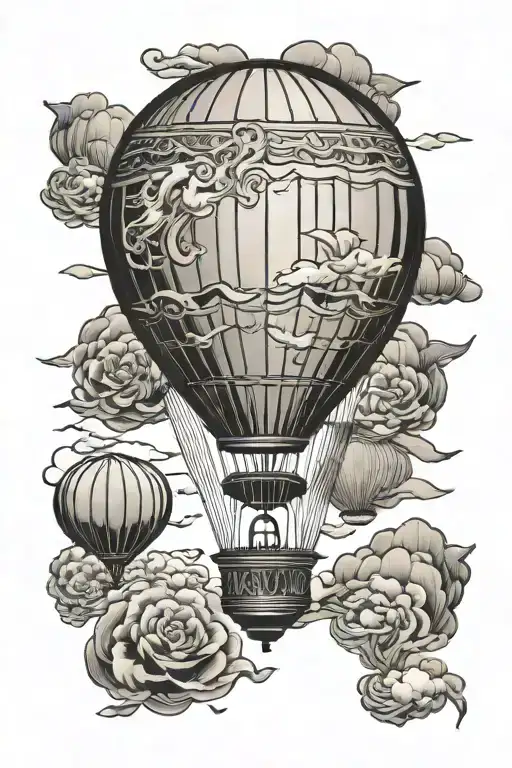 hot air balloon in oldschool style but with japanese hint, balloon part split in 3 layers horizontally  tattoo design idea