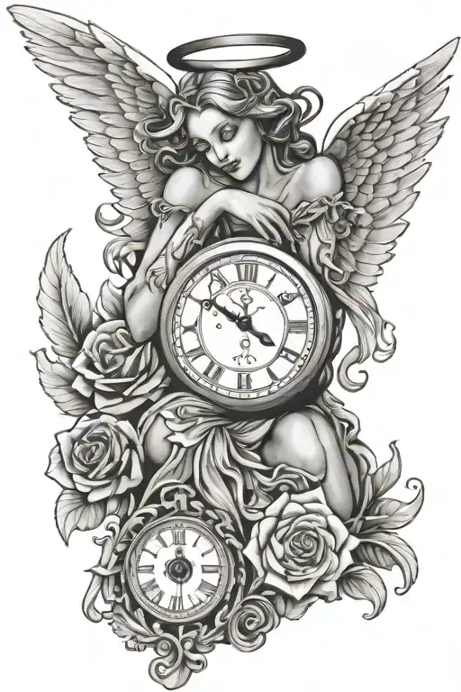 angel with clock wings and fleur-de-lis tattoo design idea
