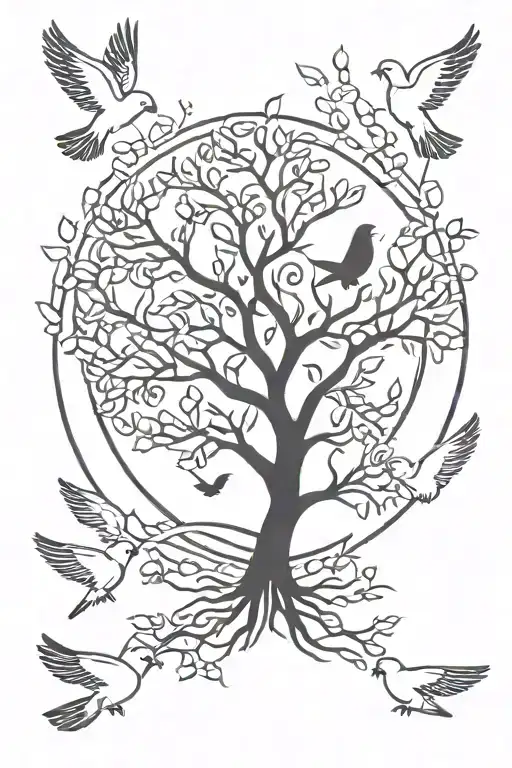 tree of life with doves flying around it with sun on top   tattoo design idea