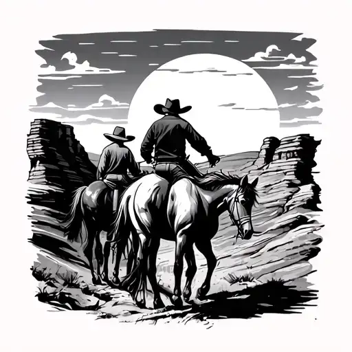 backview of horse and cowboy riding horses into a canyon with the sunset in background. with cowboy leading the horse tattoo design idea