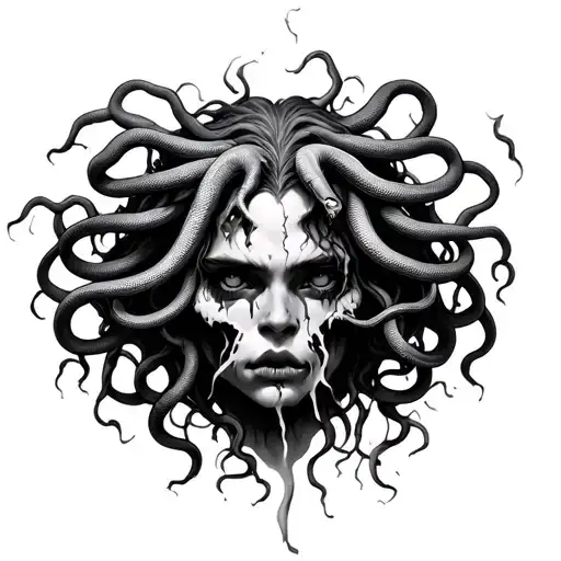 medusa with torn face and dead snakes tattoo design idea