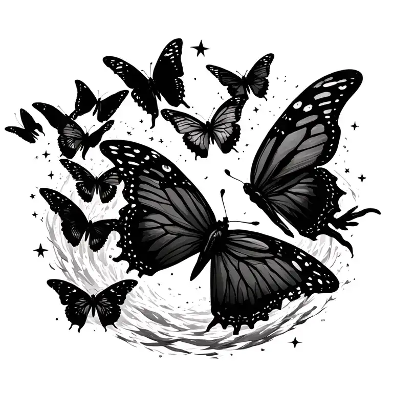 butterflies flying in a row on my back whirlwind of magic dust surrounding them with stars and the ski in the back groun tattoo design idea
