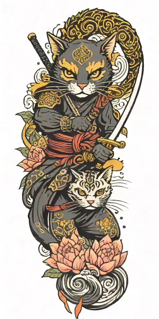 ninja cat holding katana, tail, water, waves, lotus, sakura, clouds, whirlpool, leaves, peony, sunset tattoo design idea