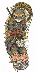 ninja cat holding katana, tail, water, waves, lotus, sakura, clouds, whirlpool, leaves, peony, sunset tattoo design idea