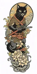 ninja cat holding katana, tail, water, waves, lotus, sakura, clouds, whirlpool, leaves, peony, sunset tattoo design idea
