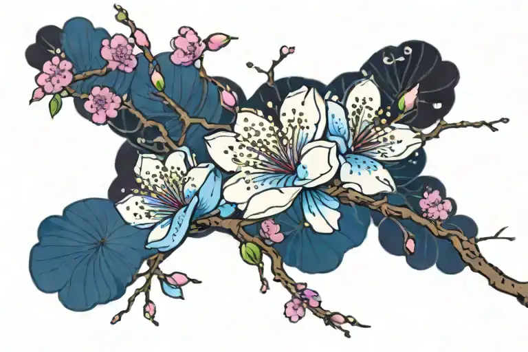 Cherry blossom petals falling, deep blue petals dark blue petals, purple petals, light blue petals, black branch tattoo design idea