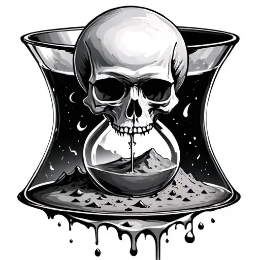 hour glass, top is a skull, bottom is broken and leaking sand tattoo design idea