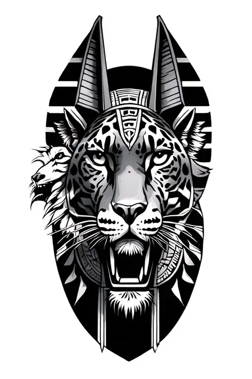 Anubis on arm, jaguar on right shoulder blade, quetzacoatl on right pec tattoo design idea