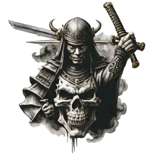 samurai WARRIOR WITH skull instead of head , holding sword tattoo design idea