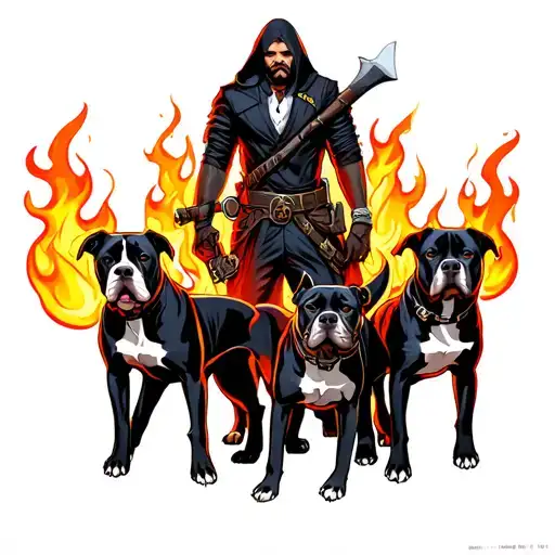executioner and three pit bulls with flames tattoo design idea