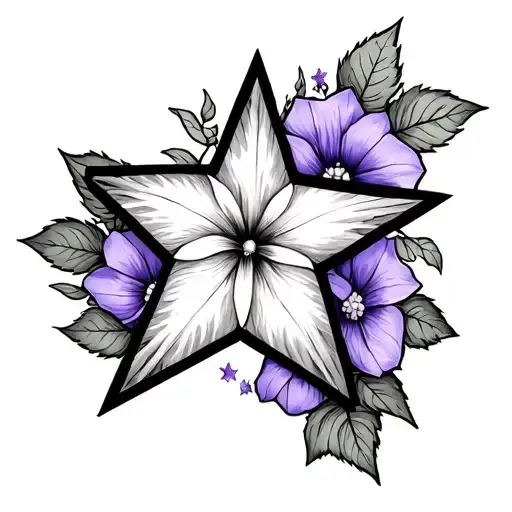 outlined star tattoo covered with violet and morning glory vine look realistic tattoo design idea