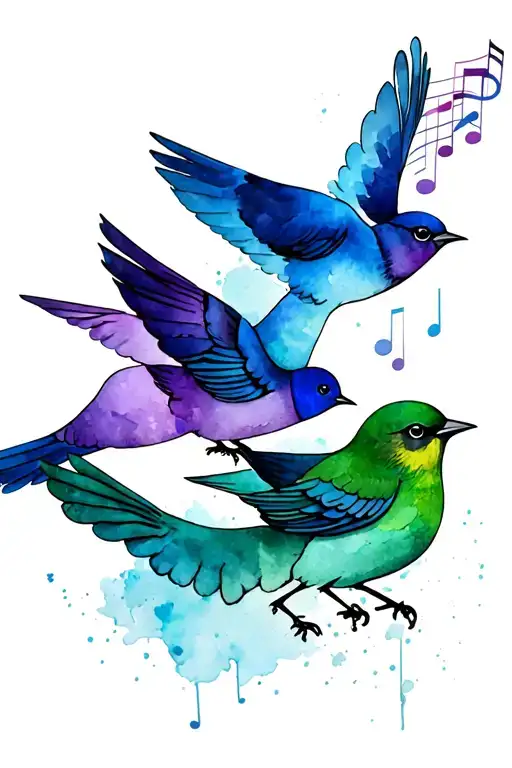 blue bird, green bird, purple bird with music notes  tattoo design idea