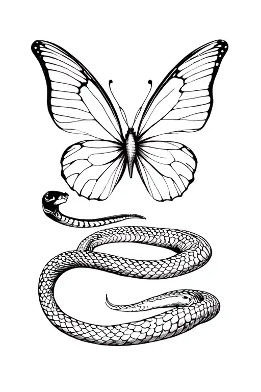 snake butterfly in middle laying on top of snake tattoo design idea