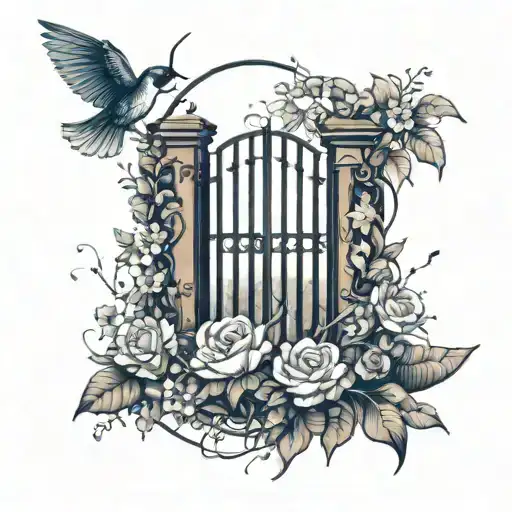 minimal garden gate half open surrounded by flowers tattoo design idea