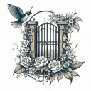 minimal garden gate half open surrounded by flowers tattoo design idea