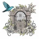 minimal garden gate half open surrounded by flowers tattoo design idea