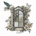 minimal garden gate half open surrounded by flowers tattoo design idea