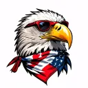Bald Eagle wearing an American Flag bandana and red framed sunglasses with dark lenses. tattoo design idea