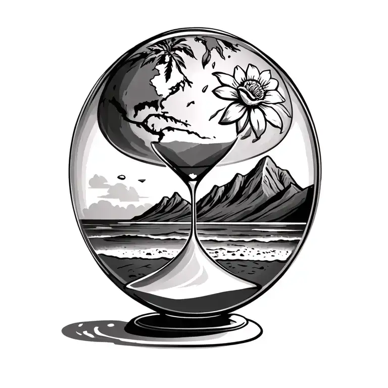 hour glass containing windrose with sand falling into lower globe with an image of table mountain from a beach. Manadla  tattoo design idea