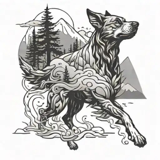 An abstract design combining elements of mountains, forests, and running with a dog tattoo design idea