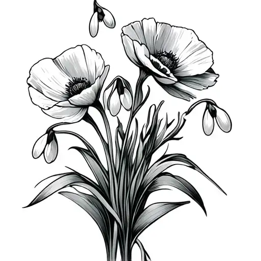snowdrop and poppy flower bouquet tattoo design idea