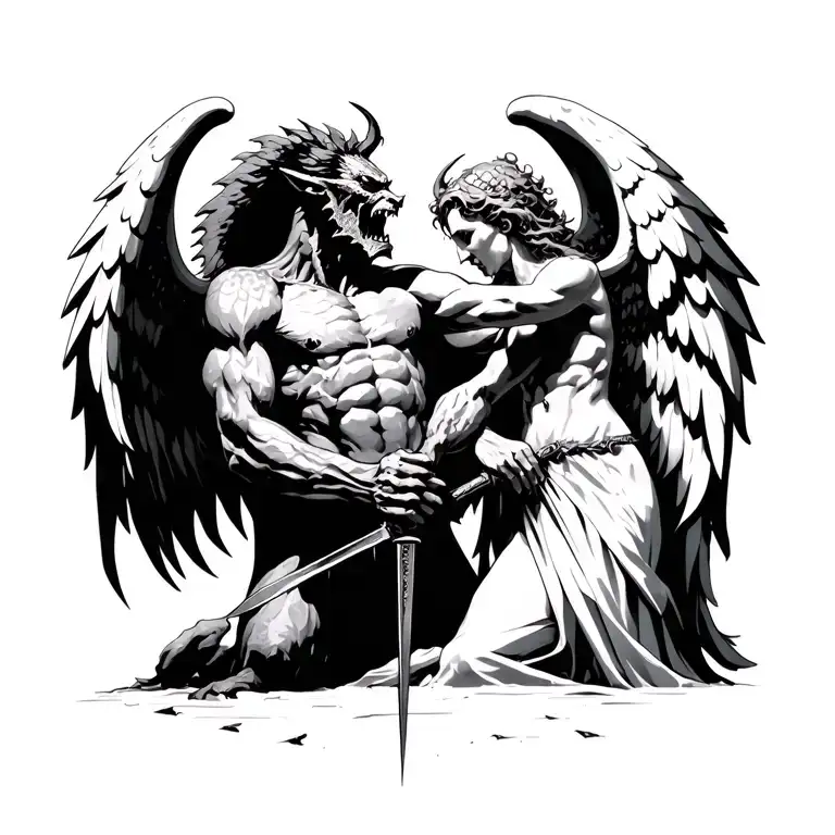 demon getting stabbed by angel from behind tattoo design idea