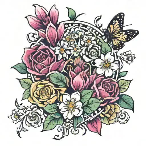 4 hearts in a bed of flowers surrounding tattoo design idea