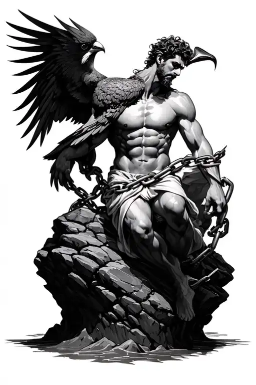 Prometheus chained to a rock with bird tattoo design idea
