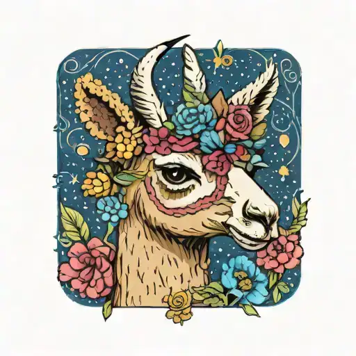colorful llama with flower crown knitting a blanket tattoo design idea