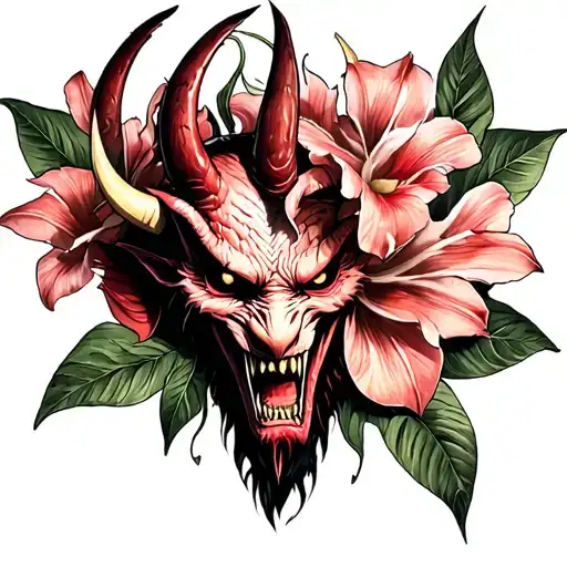 lilly flower, oni demon, saint, rebel tattoo design idea