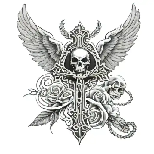 rosary intertwined with wings , cross tattoo, skull tattoo design idea