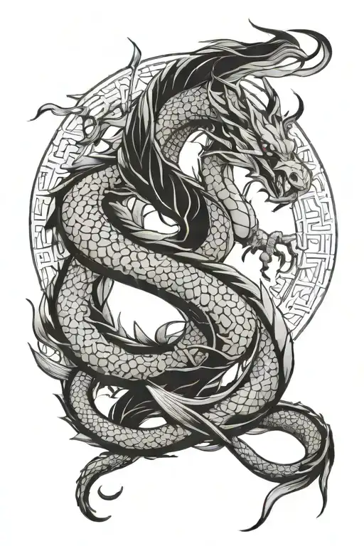 Full sleeve tattoo in black, with fine lines and no background, inspired by the movie Mulan, including a dragon tattoo design idea