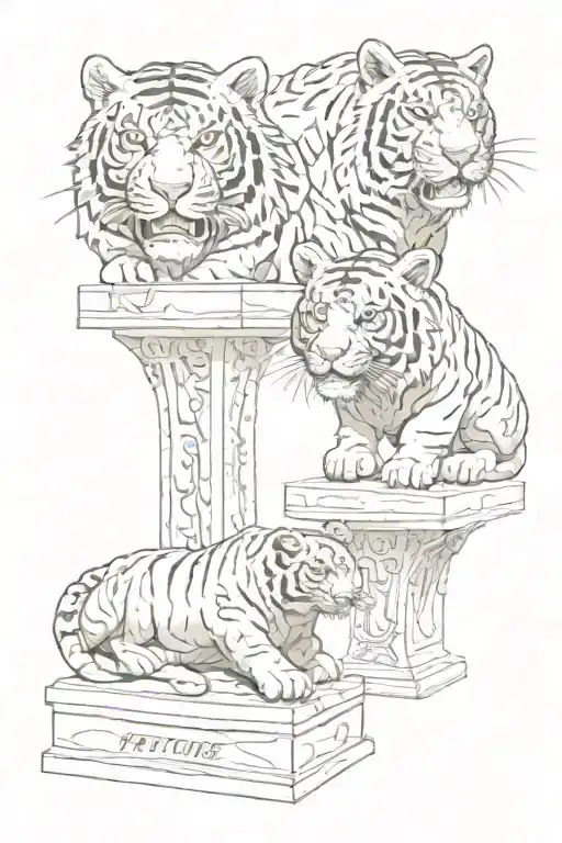 Two granite tiger statues with the names "Patience" and "Fortitude" engraved on their pedistals tattoo design idea