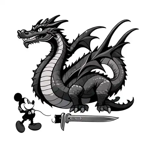 dragon with long body and mickey mouse and table knife tattoo design idea