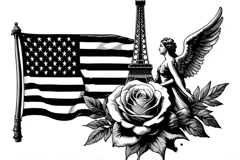 American flag, aviation symbol, Eiffel Tower, 19 padres (Miguel), rose with angel on top (Briella Tia) incubator (Isabel tattoo design idea