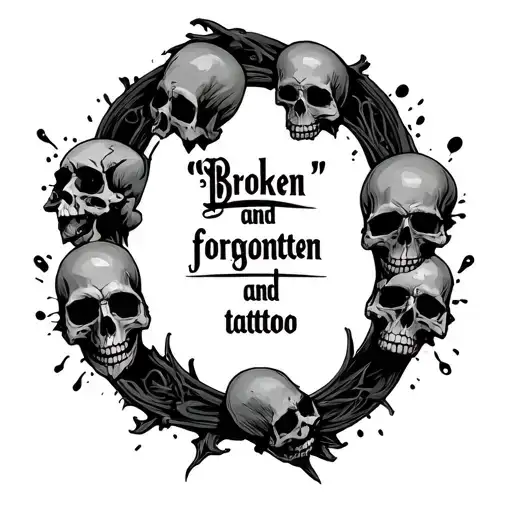 "Broken and forgotten " skulls surrounded tattoo design idea