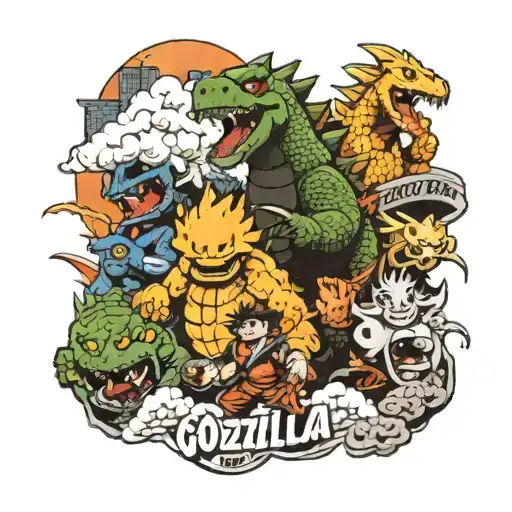 A collage of iconic characters from Godzilla, One Piece, and Dragon Ball Z in a new-school style tattoo design idea