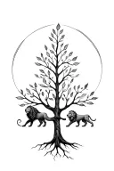 a tree with Aquarius and the lion represented at the root and Aquarius, Virgo and Aries in the leaves tattoo design idea