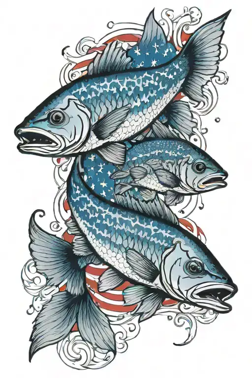 full tattoo arm sleeve American flag background, incorporate smaller fish American red snapper, sea trout, red fish, fis tattoo design idea