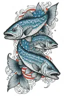 full tattoo arm sleeve American flag background, incorporate smaller fish American red snapper, sea trout, red fish, fis tattoo design idea