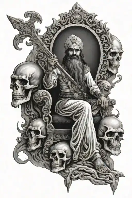 mountain of skulls with maharaja ranjit singh sitting on a throne with a sword on top of the skulls tattoo design idea