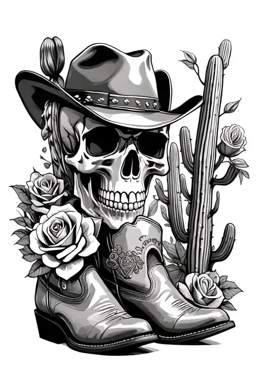 cowboy boots and cowboy skull with roses and cactus and cowboy hat tattoo design idea